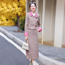 【新款现货】2024年冬季新款法式小香气质撞色双排扣两件套20毛，女装套装/套裙，奕薇雅