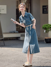 蕾丝拼接收腰牛仔连衣裙女2025夏季复古港风设计感又酷又飒连衣裙，女装连衣裙，E百度
