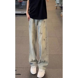 彩绘涂鸦阔腿牛仔裤女春高腰宽松设计感小众渐变直筒裤 N7095图片