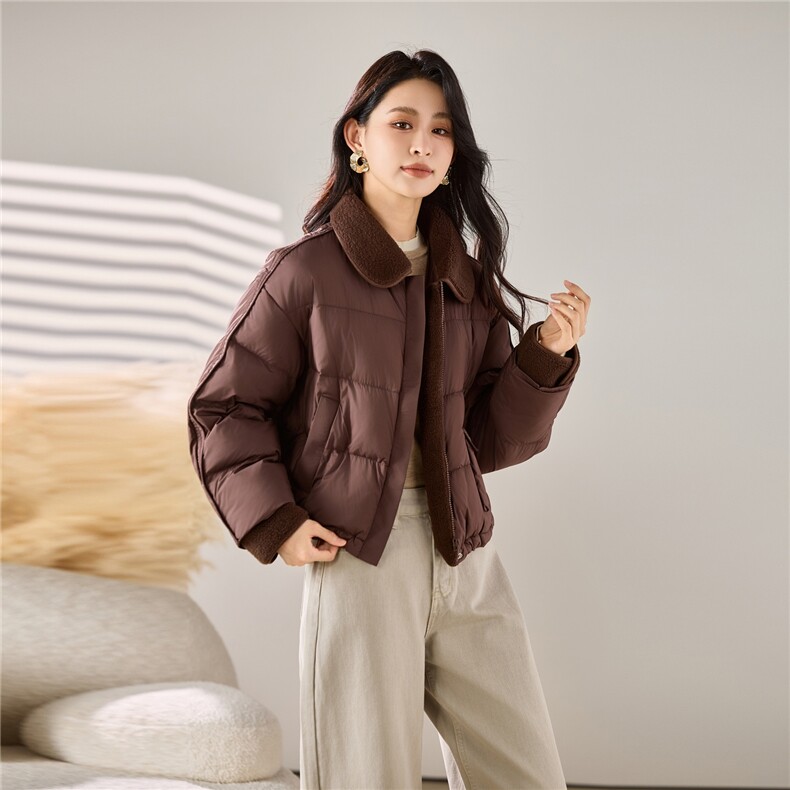 2025冬装新款羊羔毛领羽绒短外套,女装羽绒服,梦芯尔