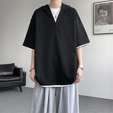 8XL-M假两件短袖卫衣连帽t恤男夏季薄款宽松大码学生半袖DT007P48，男装T恤，电商B312