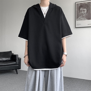 8XL-M假两件短袖卫衣连帽t恤男夏季薄款宽松大码学生半袖DT007P48图片