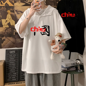 LD54189-P45 连帽短袖t恤男大码胖子带帽五分袖中袖图片