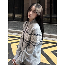 费尔岛针织开衫女早秋穿搭半高领毛衣拉链外套宽松慵懒风软糯上衣，男装针织衫/毛衣，星座506A