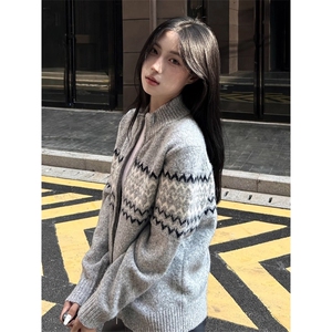 费尔岛针织开衫女早秋穿搭半高领毛衣拉链外套宽松慵懒风软糯上衣图片