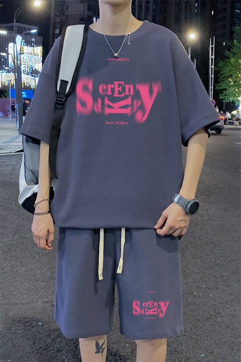 ！2024夏季男士华夫格短袖套装百搭学生运动一套HTZ128P50,男装休闲套装,电商B220
