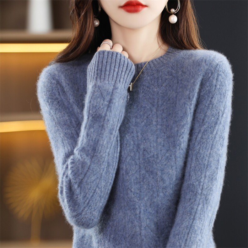 25秋冬新款圆领提花100%羊毛衫女宽松加厚套头毛衣针织羊绒打底衫，女装羊毛衫，琳华羊绒