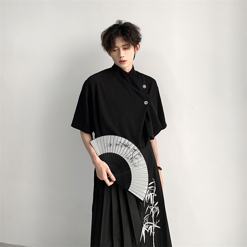 现货~新中式高街潮不规则山本耀司A排扣高领短袖TCS29-P60,男装T恤,电商A021