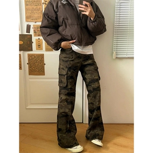 美式高街vibe风迷彩牛仔裤男多口袋工装裤子高个子加长直筒微喇裤图片
