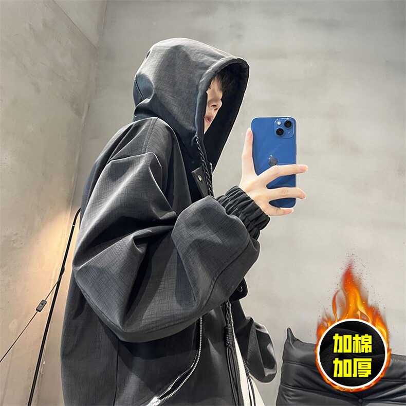 现货高品质美式高街重磅座山雕连帽pu皮棉衣男女加厚毛毛绒冬外套，男装皮衣，电商A486-1