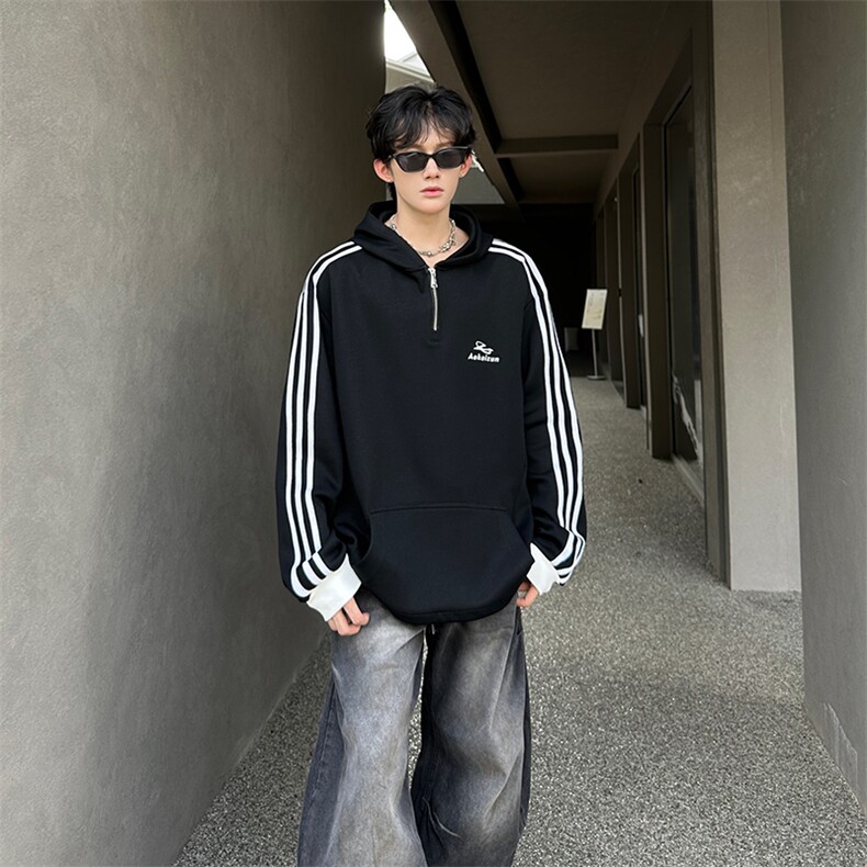 秋季宽松休闲连帽半拉链卫衣长袖条纹三条杠外套XZ808B-WH087-P48,女装短外套,星座808B