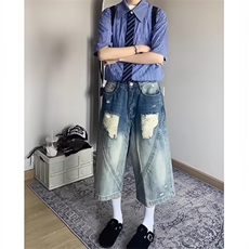 美式复古水洗破洞牛仔短裤男夏季新款阔腿七分裤子高街宽松直筒裤，男装牛仔裤，星座506A