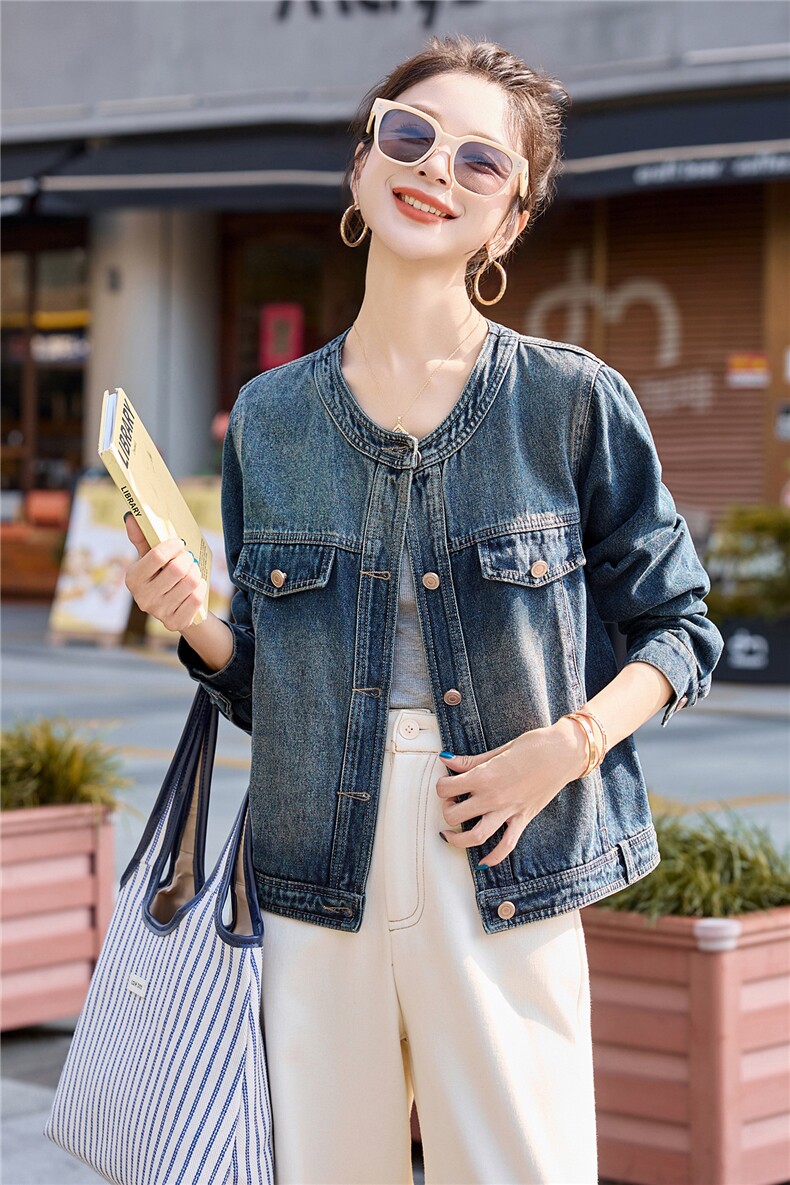 复古百搭圆领牛仔外套女短款2025秋季新款宽松休闲超好看夹克上衣,女装短外套,英标秀（1C119）