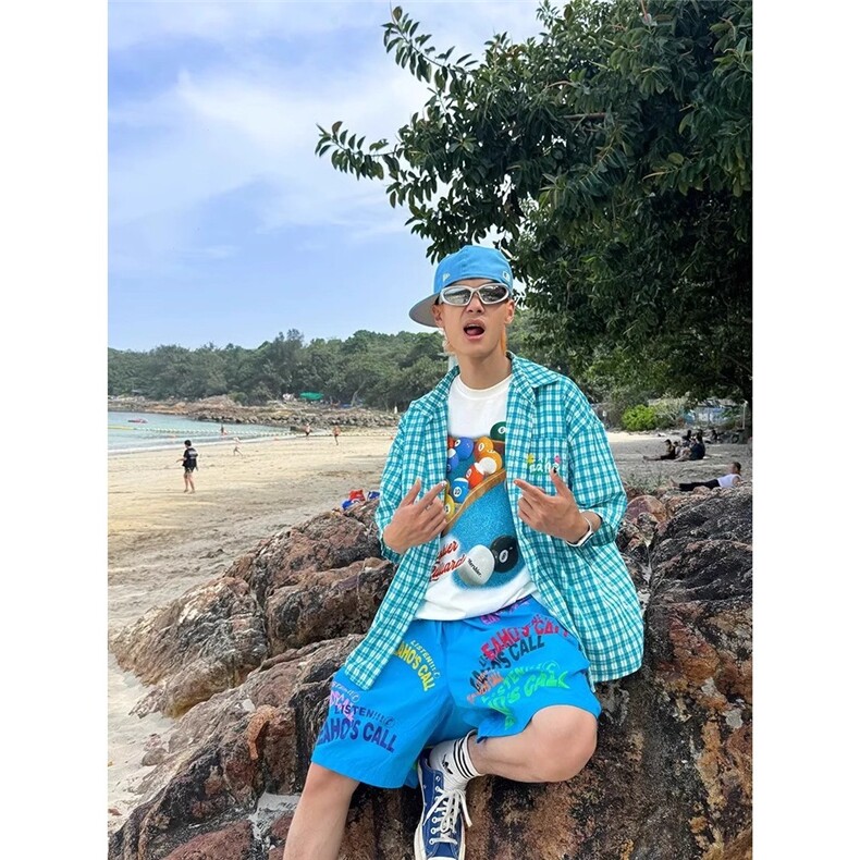 自制美式字母印花阔腿五分裤男女夏季宽松休闲多巴胺沙滩短裤,男装牛仔裤,星座506A