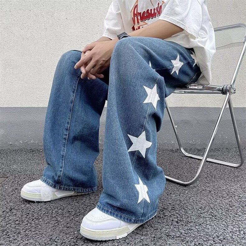 美式高街复古vibe感星星直筒牛仔裤男休闲宽松阔腿长裤NK733-P45，男装牛仔裤，星座1008
