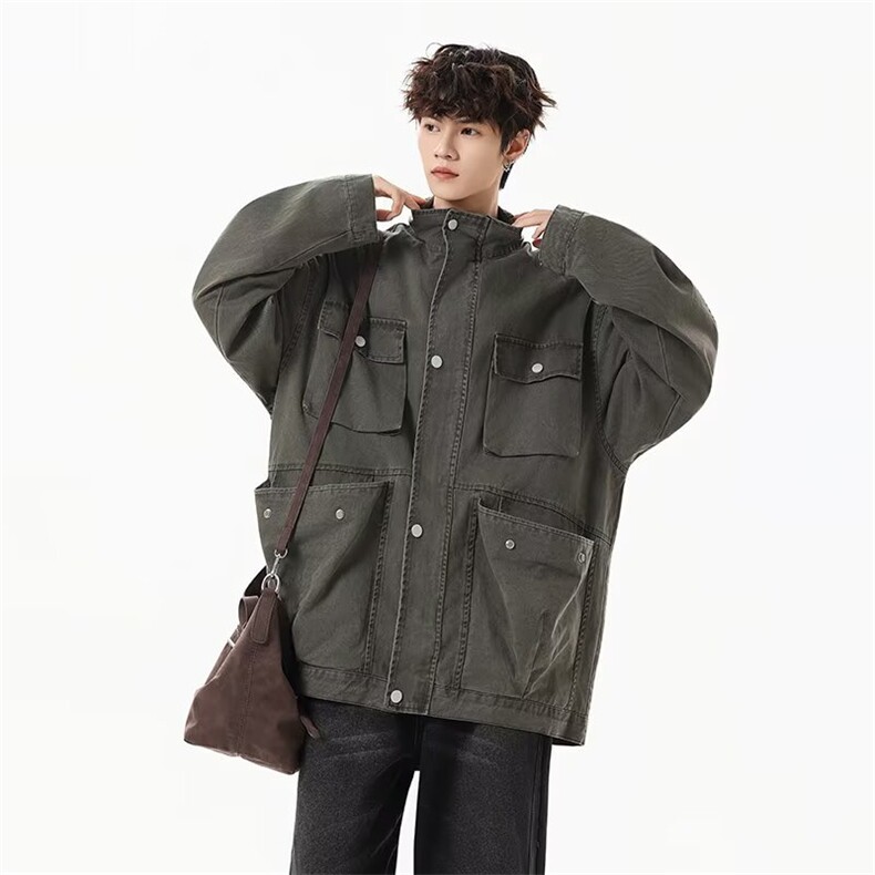 复古水洗做旧落肩工装牛仔外套多口袋设计感宽松夹克上衣3035P80，男装工装外套，星座410-2