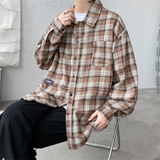 美式vintage长袖衬衫男春秋新款复古格子高级感衬衣外套R188-P36，男装衬衫，星座1008
