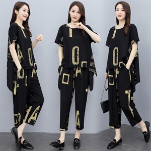 现货2026夏季新款时尚优雅气质纯色印花圆领舒适两件套大码套装，女装套装/套裙，尚洛菲