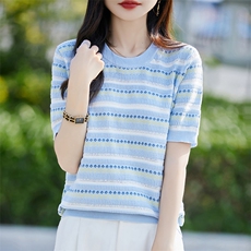 小花提花短袖T恤女夏季2025新款打底衫洋气大码女装冰丝针织上衣，女装针织衫/毛衣，斯美雅安迪绒