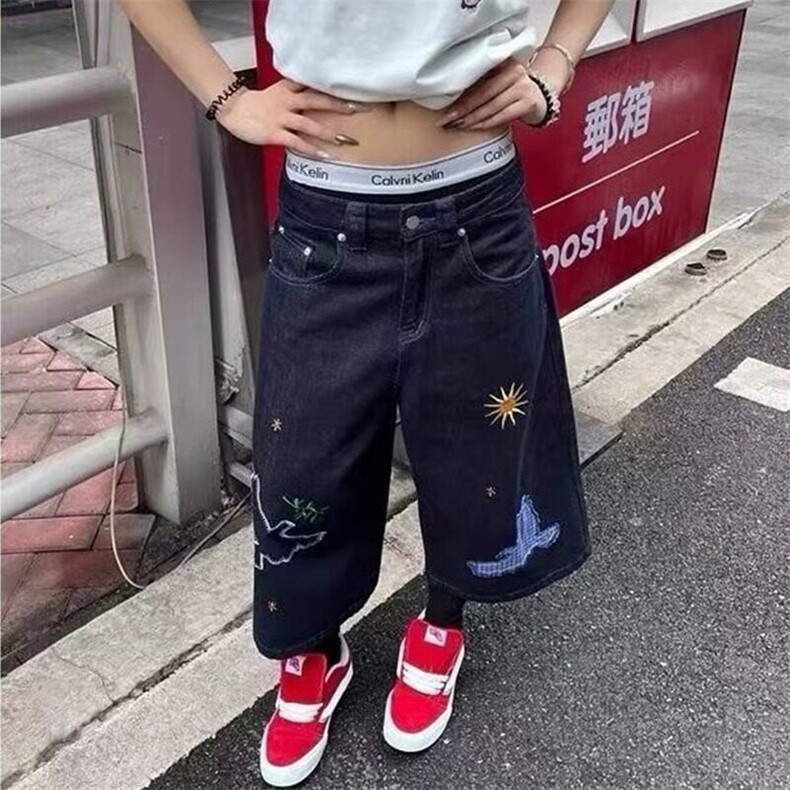 V097-P40原宿趣味刺绣高街设计牛仔裤美式短裤,男装牛仔裤,星座911-1