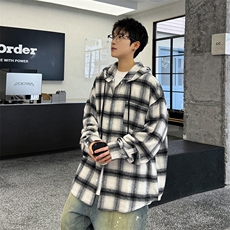 J5025/特P45春装港味新款格子连帽衬衫外套男女慵懒风休闲上衣，男装衬衫，电商A141