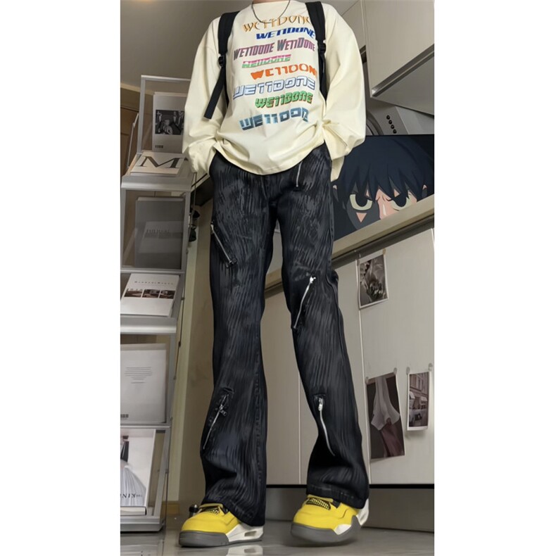 原创多拉链牛仔裤个性泼墨百搭油漆涂层做旧微喇叭裤子GJ384 P55图片