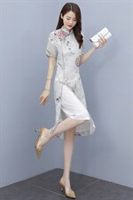 2023夏装新款简约时尚旗袍领设计优雅气质修身显瘦连衣裙，女装连衣裙，媚琳依坊