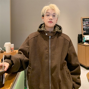 美式复古格子毛呢连帽外套男女秋冬高级感棉衣夹克8896图片