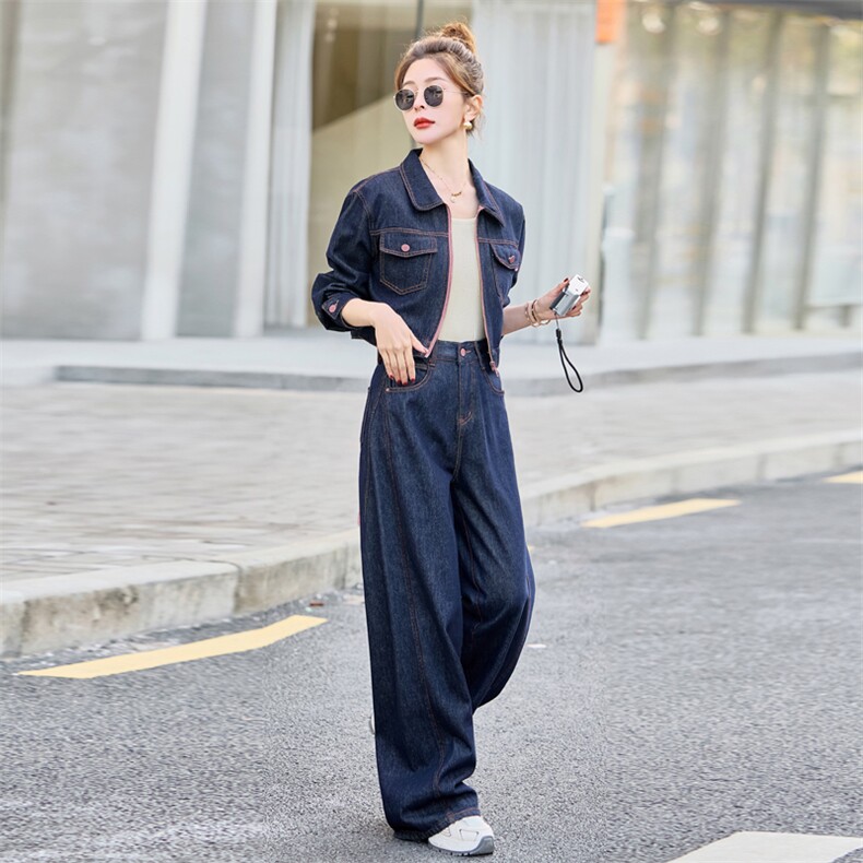牛仔套装女2025春秋新款韩系高级感超火休闲洋气减龄阔腿裤两件套,女装套装/套裙,浪花E族（衣布洛）