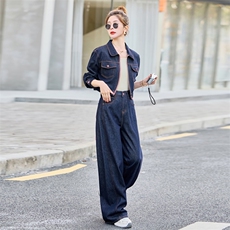 牛仔套装女2025春秋新款韩系高级感超火休闲洋气减龄阔腿裤两件套，女装套装/套裙，浪花E族（衣布洛）