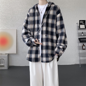 wassup happy连帽格子长袖衬衫男春秋季2025新款撞色情侣休闲外套图片