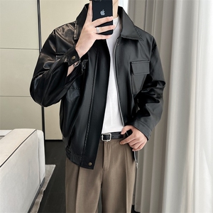 双拉链垫肩皮夹克男小众设计感潮牌痞帅机车服秋冬Pu皮衣外套图片