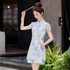 新中式国风改良旗袍连衣裙两件套2025夏季爆款洋气减龄短裤套装女，女装套装/套裙，众宇琦
