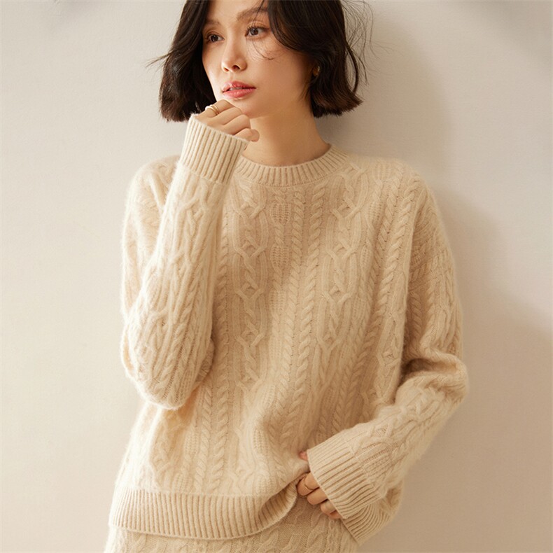 软糯亲肤山羊绒衫绞花圆领毛衣女秋冬新款宽松加厚羊毛针织打底衫,女装羊绒衫,绒创羊绒