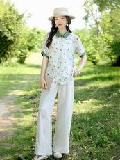 2025夏装新款苎麻碎花上衣复古宽松短袖印花衬衫女设计感碎花衬衣，女装套装/套裙，凝聚力