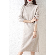 秋冬季羊毛休闲时尚通勤内搭百搭七针长款堆领连衣裙，女装连衣裙，越洋羊