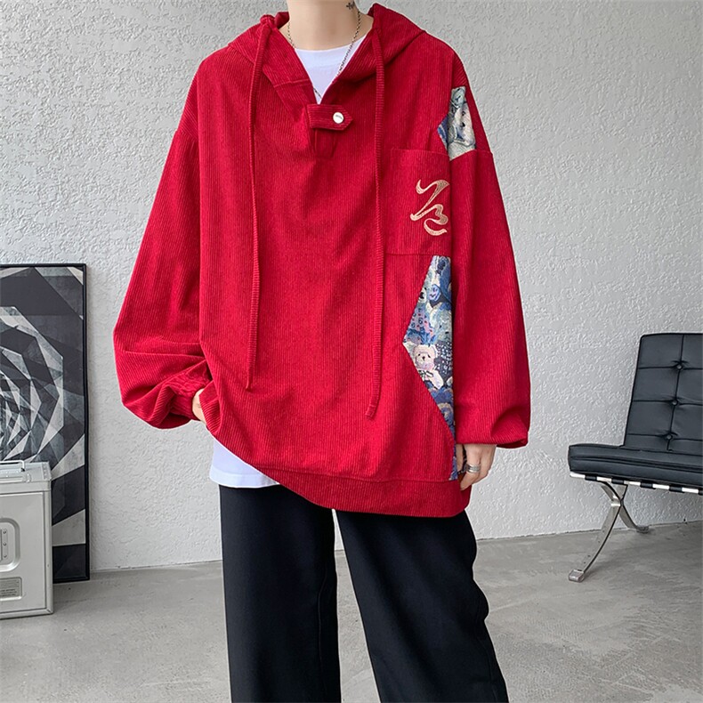 藏青色灯芯绒刺绣工装连帽卫衣男新中式国风高级感宽松潮牌外套秋,男装卫衣,电商A059