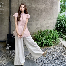 新中式国风套装女2025夏季新款时尚盘扣立领衬衫阔腿裤两件套潮，女装套装/套裙，2C135