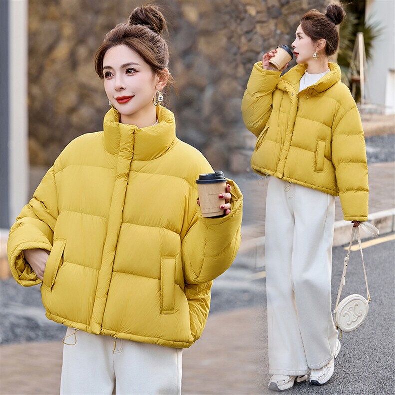 色羽绒服宽松短款外套2024冬装立领抽绳简约显白面包服女，女装羽绒服，雅佳俏