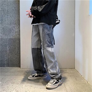ins街头嘻哈痞帅牛仔裤男宽松直筒长裤高街裤子N7559-p40加绒50，男装牛仔裤，星座1008-1