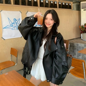 PU9152-P70 美式复古重磅黑色PU皮衣外套女设计感宽松机车服夹克图片