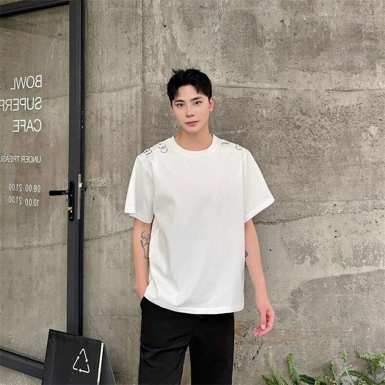 夏季小众金属半环设计感短袖T恤男宽松休闲简约痞帅半袖男600-P80,男装T恤,电商A345