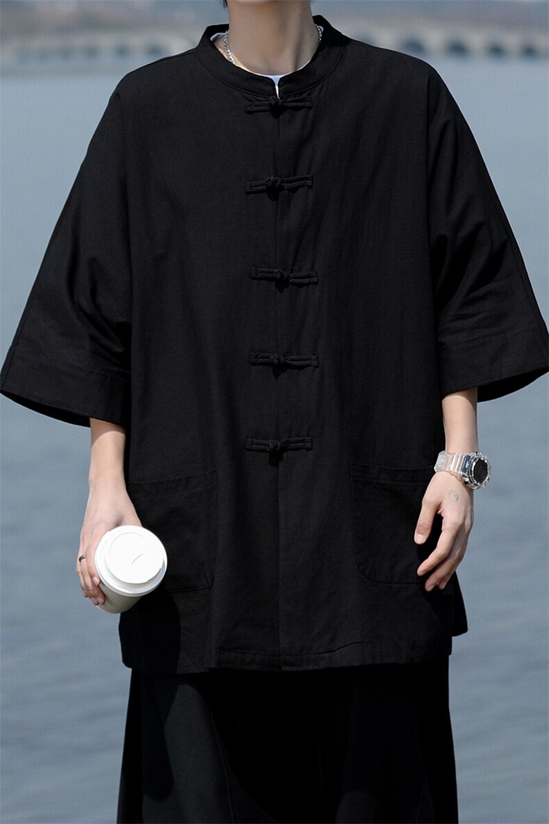 8XL-M新中式衬衫男中山装麻棉风复古中袖衬衣唐装CS527P60,男装衬衫,电商D206-1