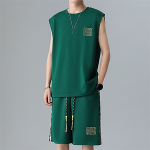 拼接短裤两件套夏季男士背心套装男刺绣休闲运动A266-TZ1107-P43图片