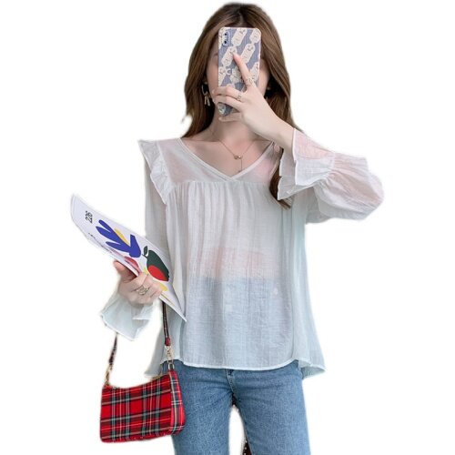 很仙宽松洋气棉麻防晒上衣早秋长袖衬衫女士上衣，女装蕾丝衫/雪纺衫，潮品会