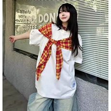 拼接格子布装饰高品质260克双纱纯棉美式高街短袖T恤特P35，男装T恤，电商A486-1