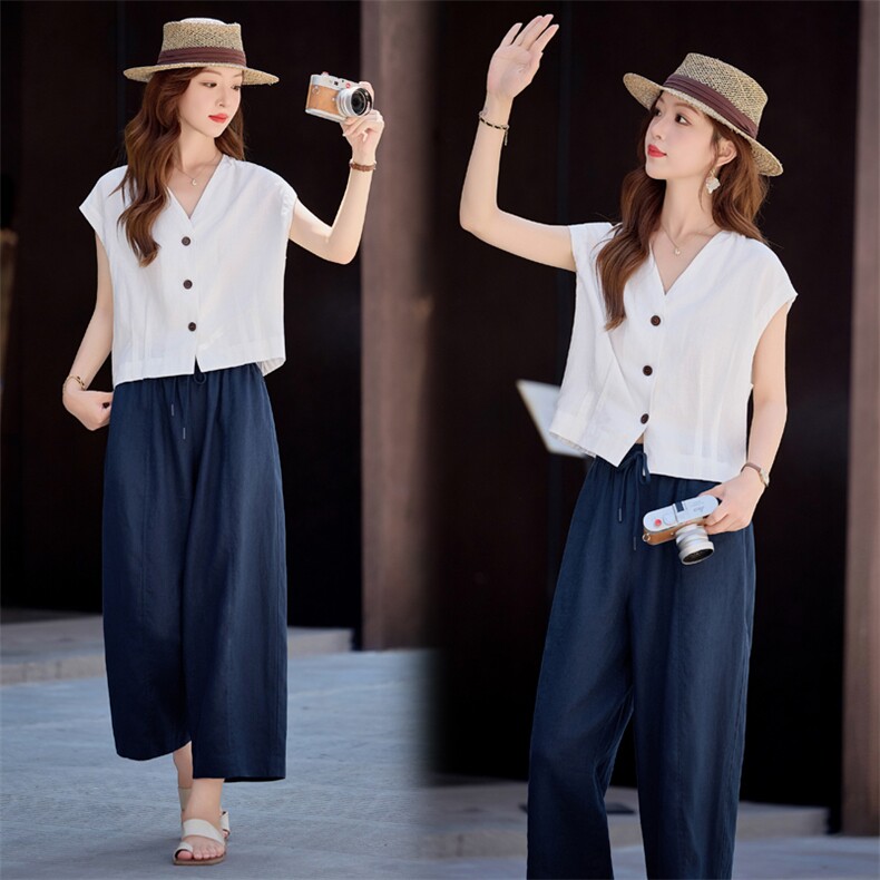 2026夏季新款休闲时尚天丝亚麻无袖v领衬衫两件套休闲直筒裤套装，女装衬衫，梦懿尔