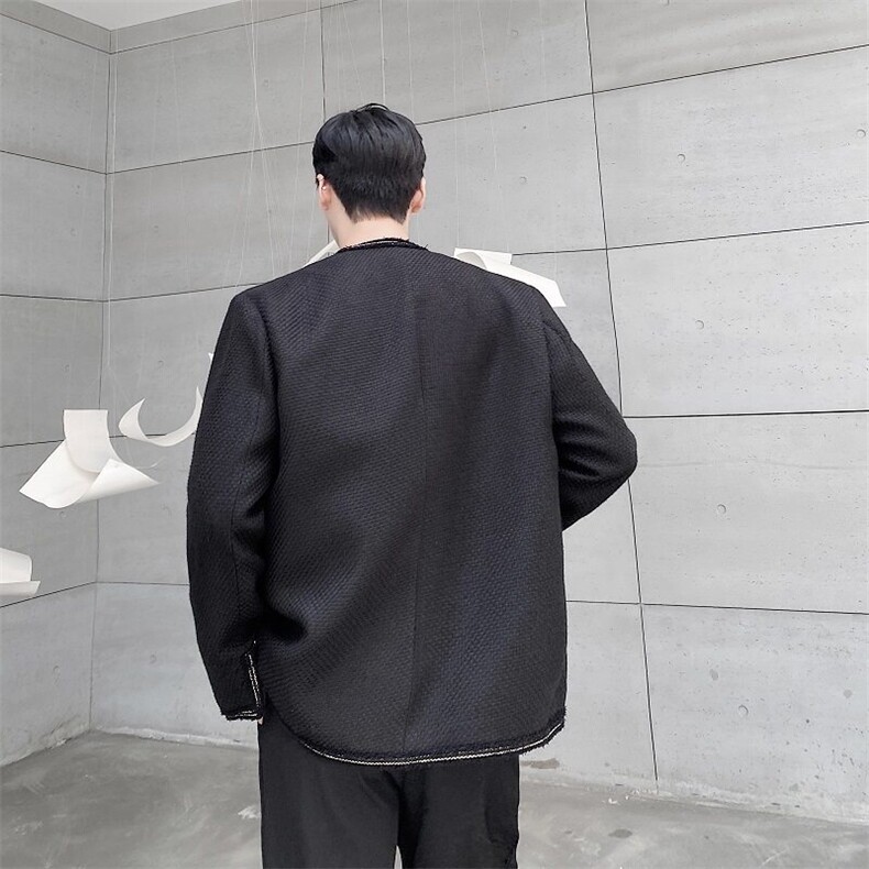 纯黑色小香风编制圆领气质男夹克外套韩版个性痞帅无扣上衣C117,男装夹克,电商A345