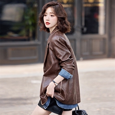 西装皮衣外套女中长款春秋2025新款高级感美式复古女士美拉德夹克，女装皮衣，简古