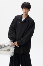 8XL-M风新中式黑色翻领长袖衬衫男秋季休闲衬衣痞帅CS537P58，男装衬衫，电商D206-1